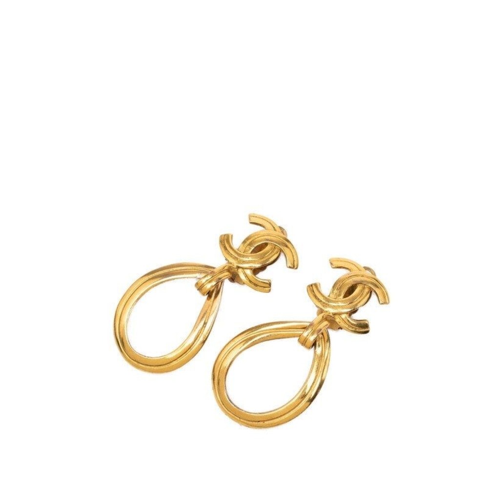 Chanel CC Logo Vintage Teardrop Earrings 96P Gold Plated
